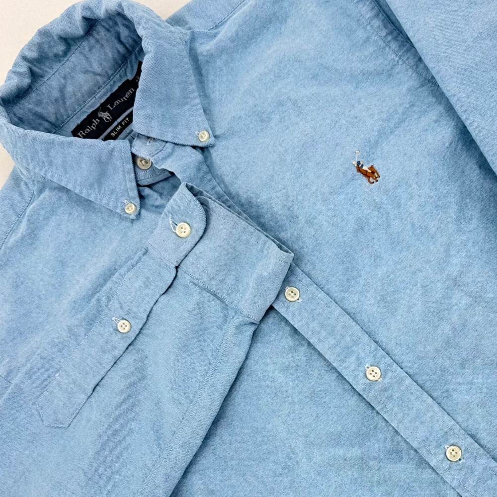 Polo Ralph Lauren Oxford Shirt Mens Medium Blue Slim Fit Long Sleeve Flesh Pony